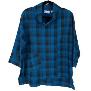 Habitat Unique Seersucker Oversized Asymmetric Pocket Blue Black Plaid Top Boho